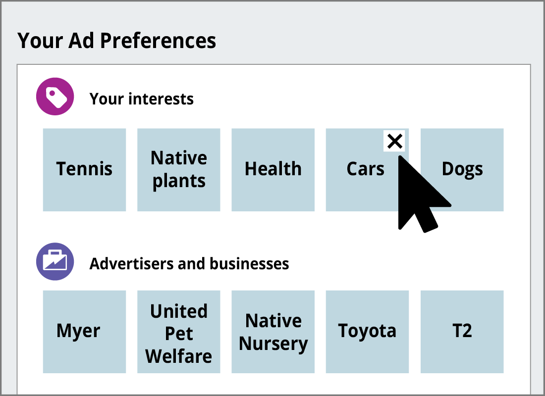 Click on the little x in the corner of any topics you don't want to see in your News Feed from the categories in the Your ad preferences page.
