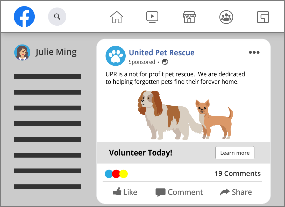 The suggested post from United Pet Rescue that has just appeared on Julie's News Feed.