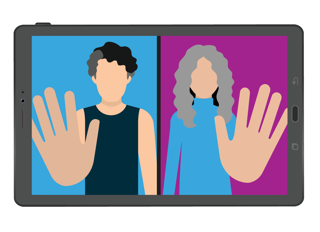 A graphic of two people using Zoom and waving goodbye at the end of their call.