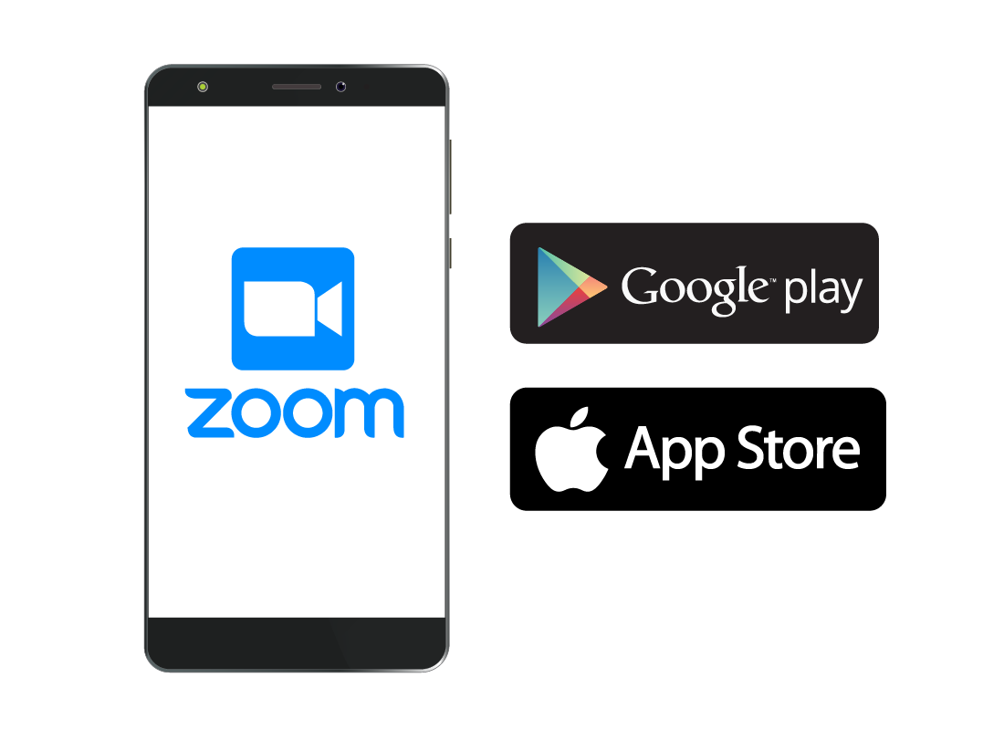 The Google Play and Apple App Store logos and a smartphone.