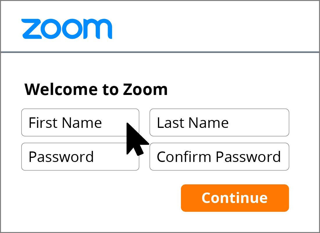 The name and password fields on the Zoom sign up form.