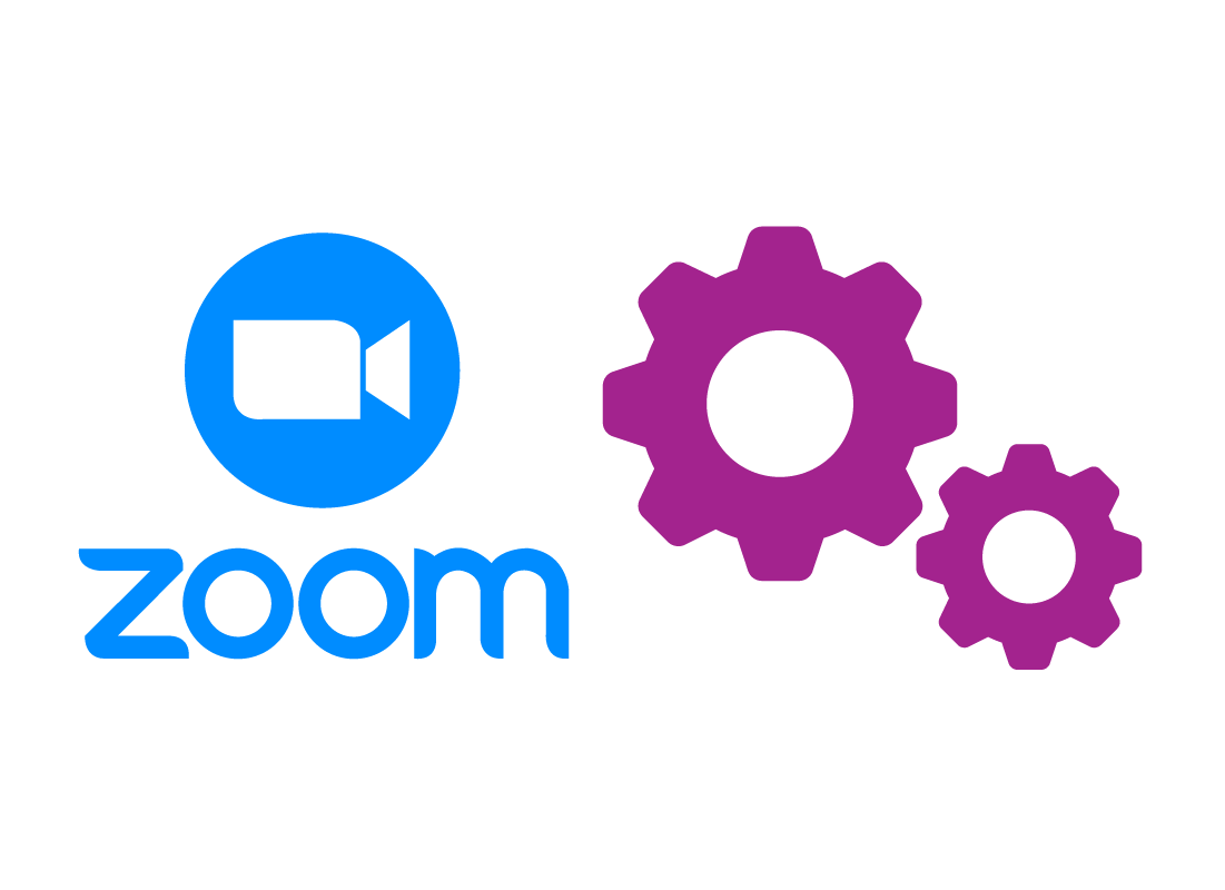 The Zoom logo and a graphic of settings icon cogwheels.