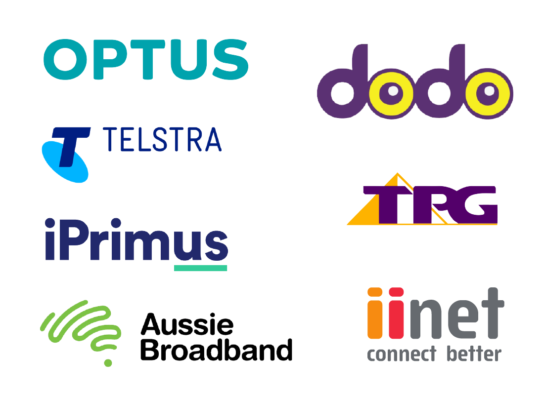 The logos of some of the main companies that can sell nbn plans, including Telstra, Dodo, Optus, iPrimus, iinet, Aussie Broadband, and TPG.