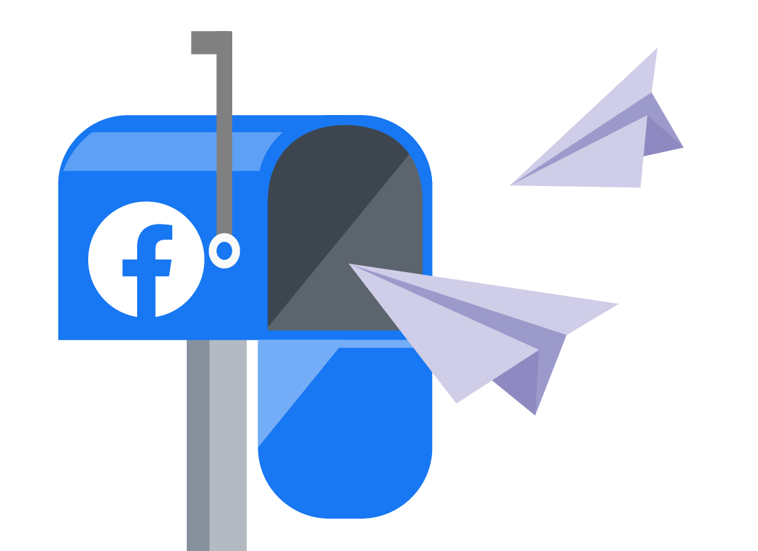 A graphic of a post box in Facebook blue, with messages flying in and out.