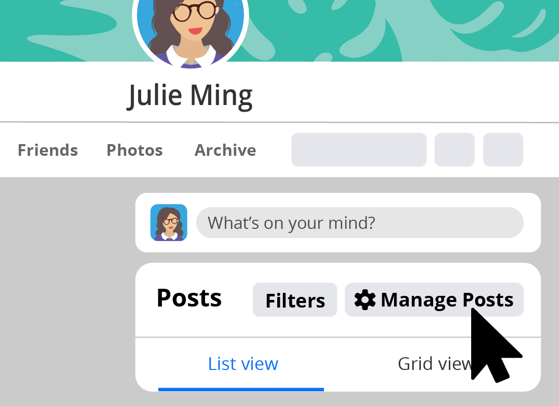 A close up of the 'Manage Posts' button in her Profile page.