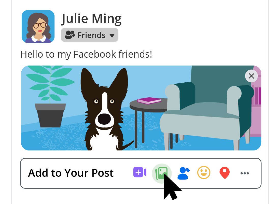 Julie is searching for a photo to add to her Facebook feed and share with her friends.
