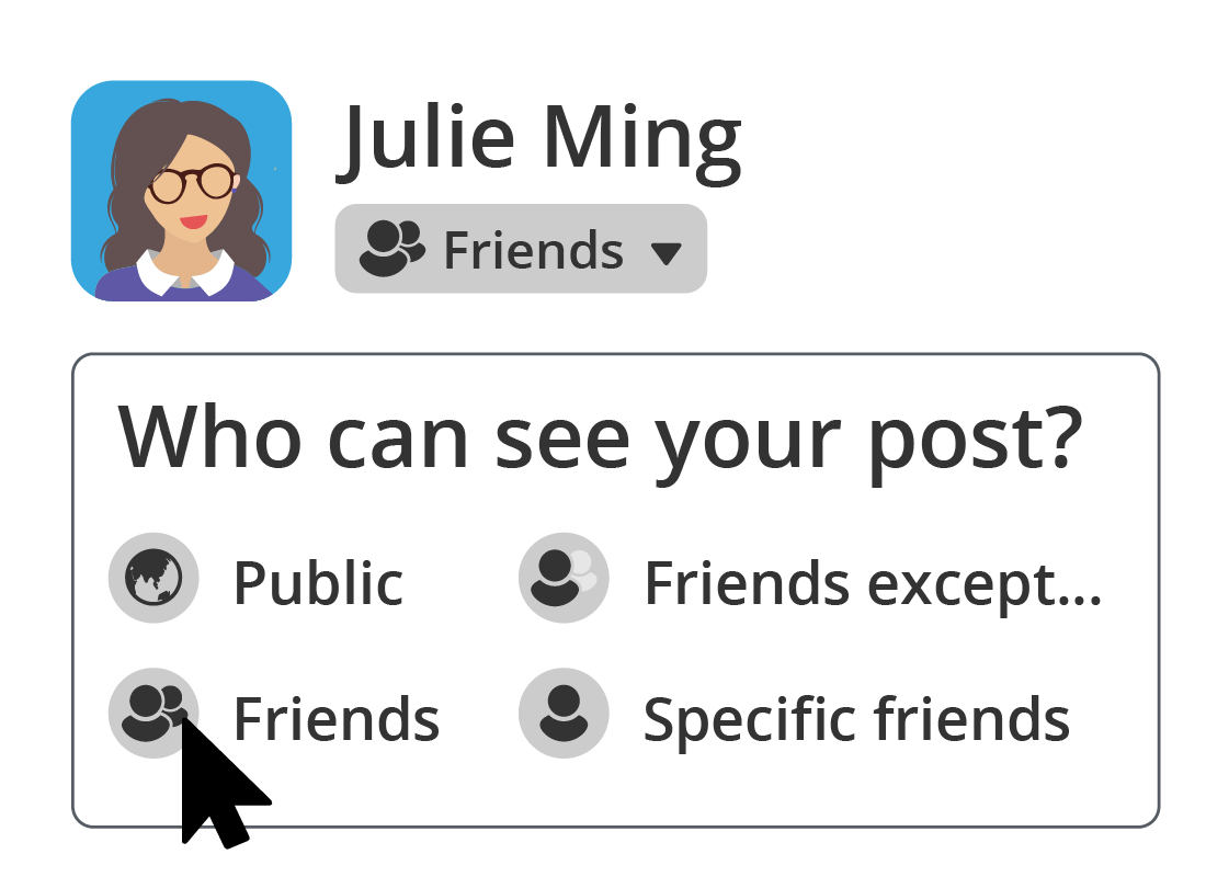 Julie is reviewing who can see her posts from the options: Public, Friends except, Friends and Specific friends.