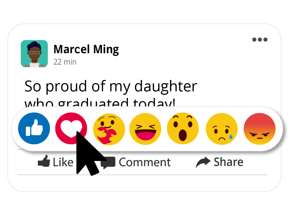 A close up of all of the Facebook emojis, including thumbs up, love, care, laugh, surprise, sad and angry.