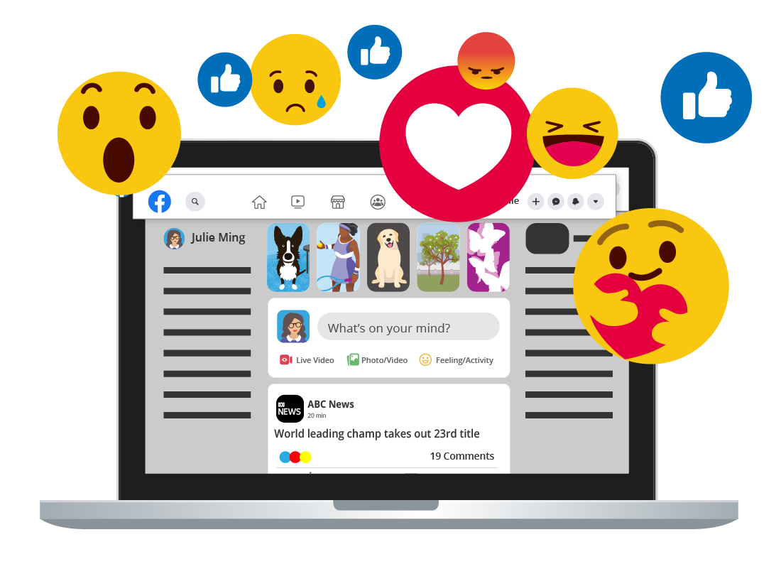 A graphic showing lots of emojis on Julie's Facebook page.