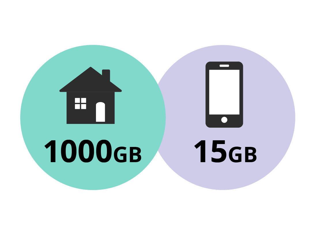 A diagram showing that a home internet plan gives 200GB of data but a mobile internet plan only gives 2GB of data