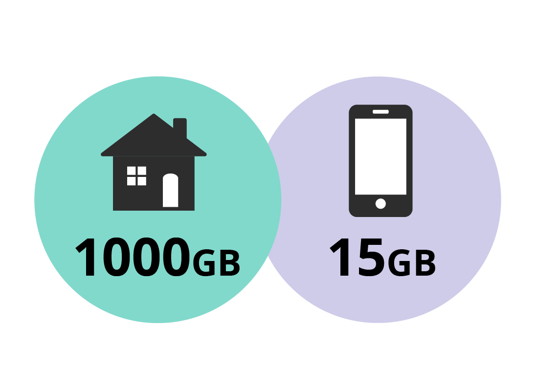 A diagram showing that some home internet plans give 1,000GB of data but some mobile internet plans only give 15GB of data