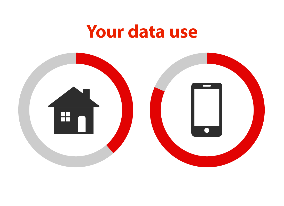A diagram showing how much data has been used on a home plan and a mobile plan