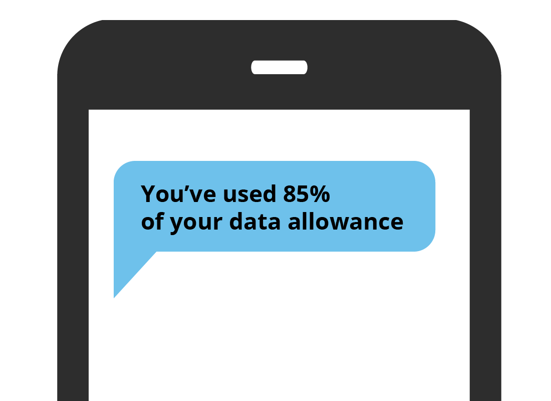 A text alert on a mobile phone advising that nearly all the month's data has been used