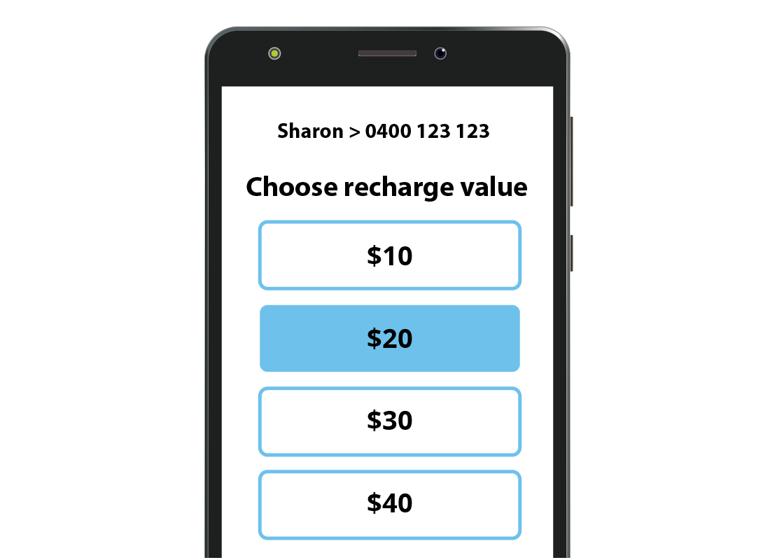 A mobile phone displaying options to top-up pre-paid a data plan