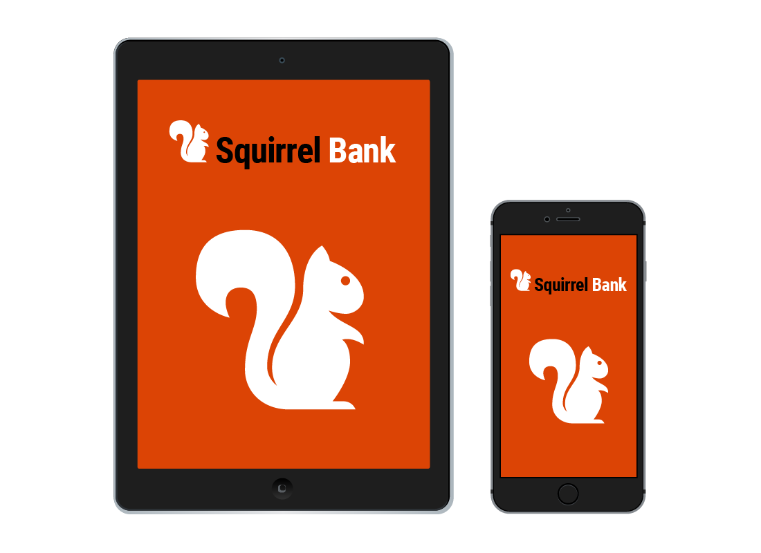 A tablet and a smartphone both displaying the Squirrel Bank mobile banking app.