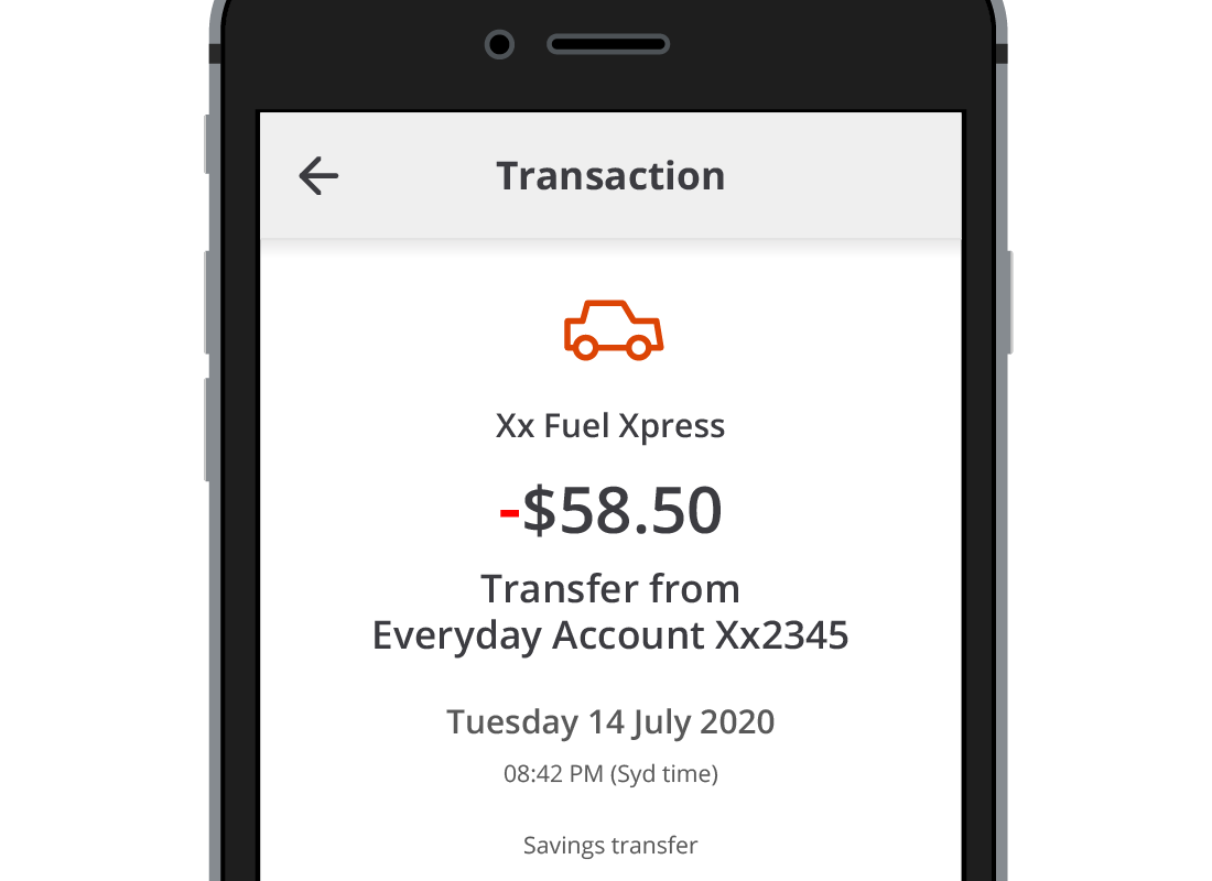 A transaction for petrol showing full details of when and from which account payment was made.