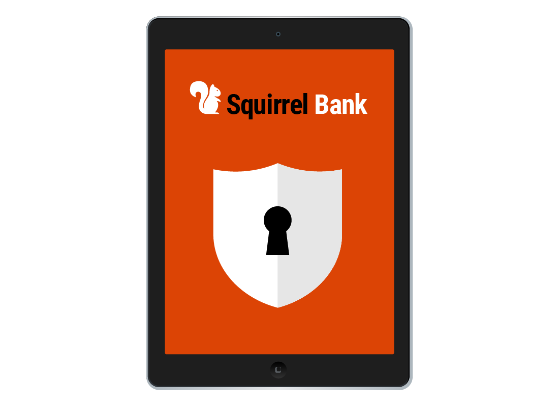 A graphic of a tablet screen displaying the Squirrel Bank app with a large padlock, indicating safety