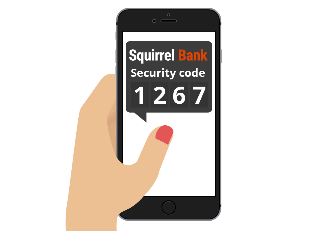 A Two Factor Authentication code sent by Squirrel Bank to confirm the identity of a mobile banking app user.