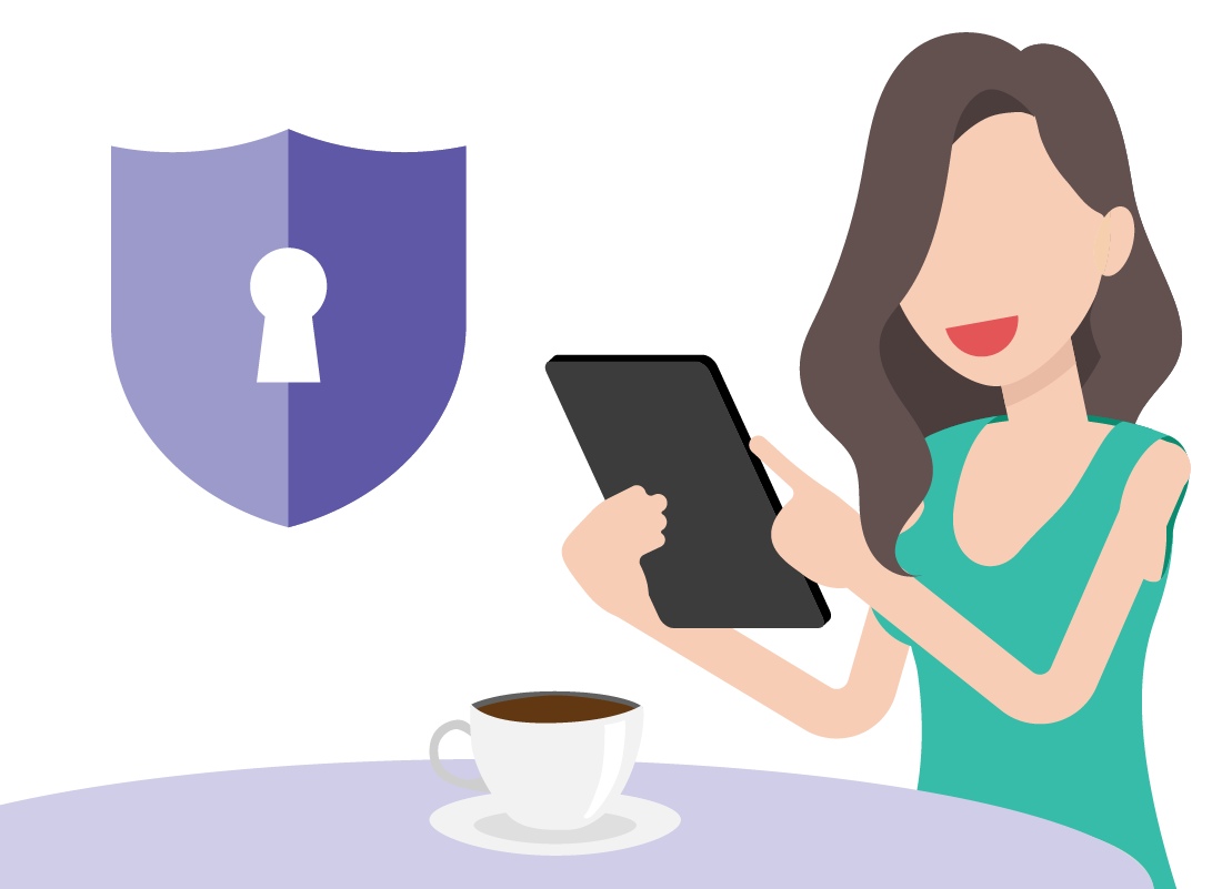 A graphic of a lady using her tablet securely in a café.