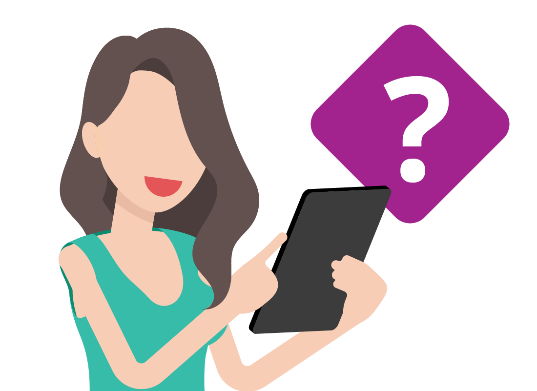 A graphic of a lady using a tablet with a large question mark next to her.