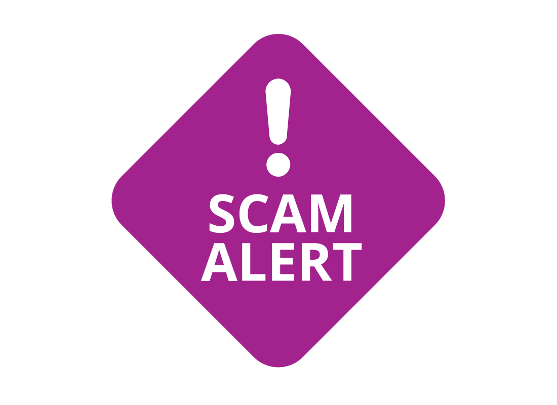 A graphic showing a warning sign with '! Scam Alert'.