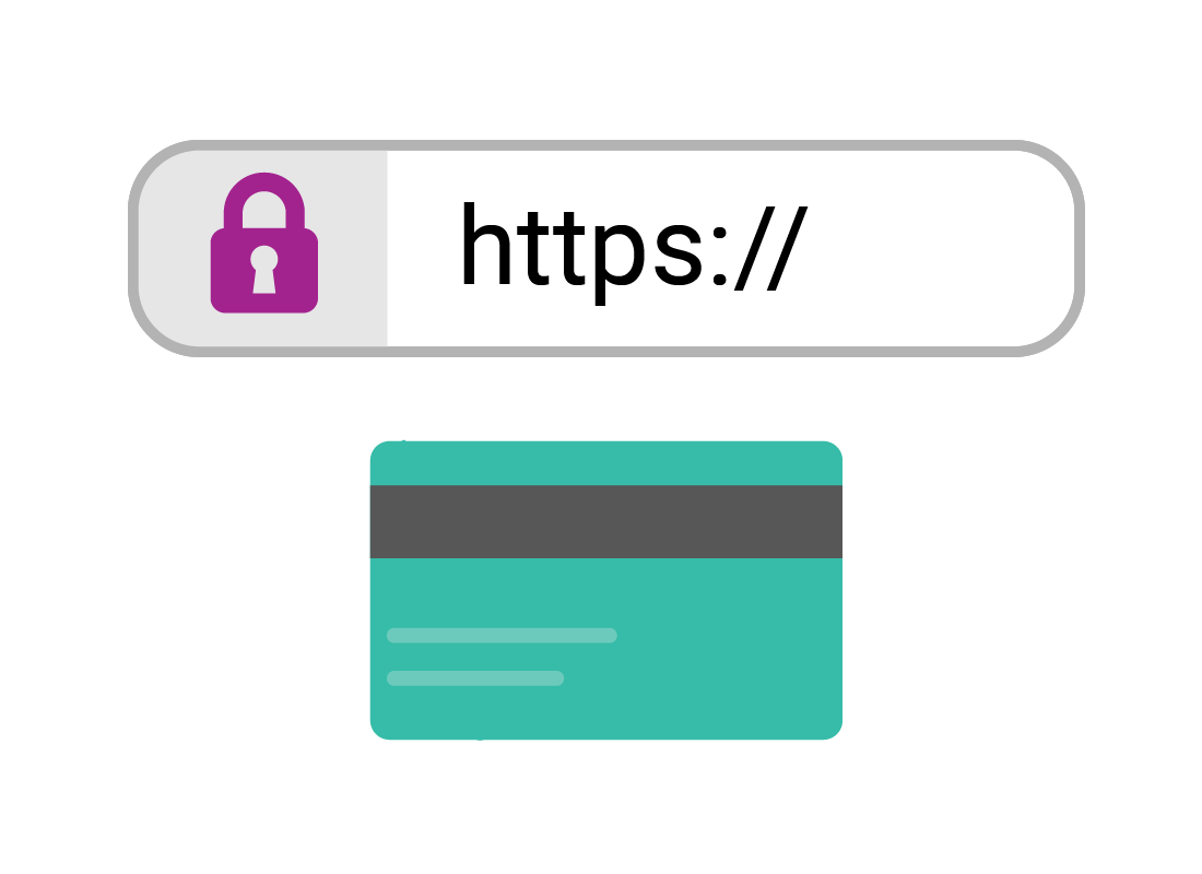 A graphic of the 'https://' with a padlock that displays on encrypted websites, and a credit card with its numbers hidden.