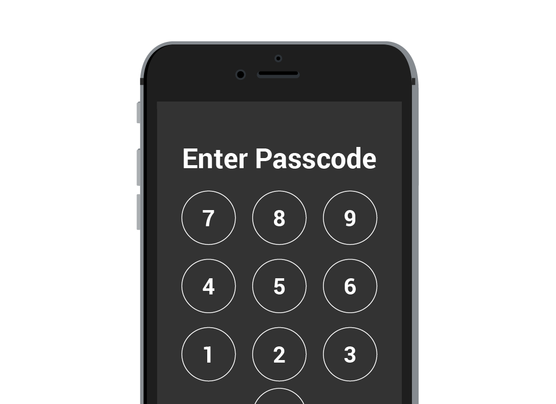 A typical smart phone displaying the number keypad for entering a passcode.