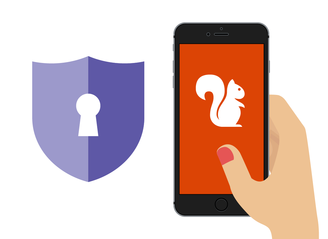 A graphic of a lock to denote security, and a smartphone displaying the Squirrel bank logo.