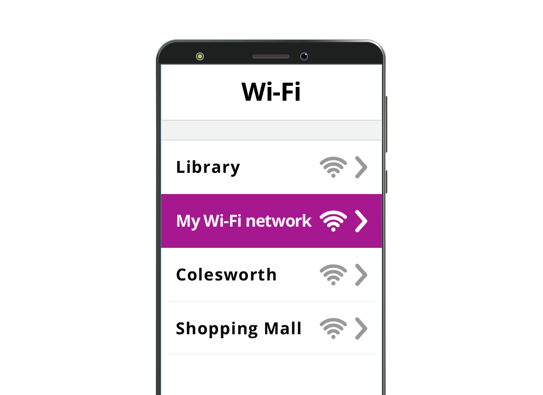 A mobile phone screen showing the owner's home Wi-Fi network name being selected