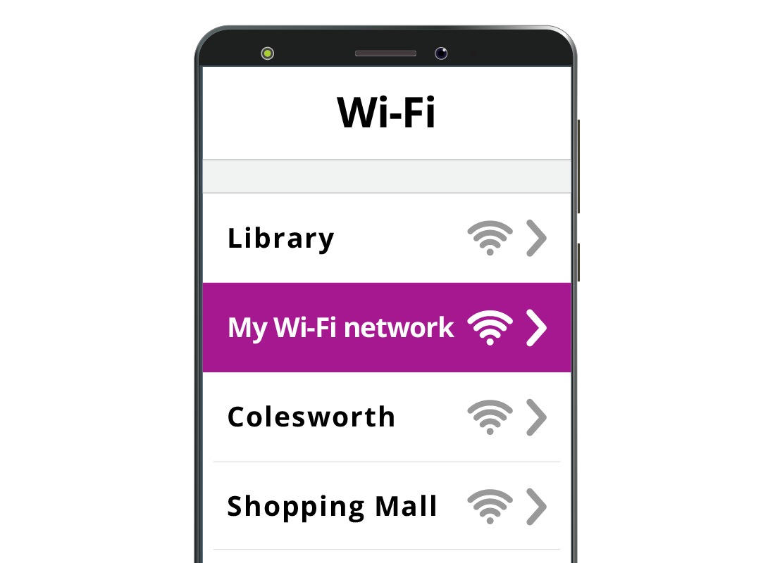 A mobile phone screen showing the owner's home Wi-Fi network name being selected
