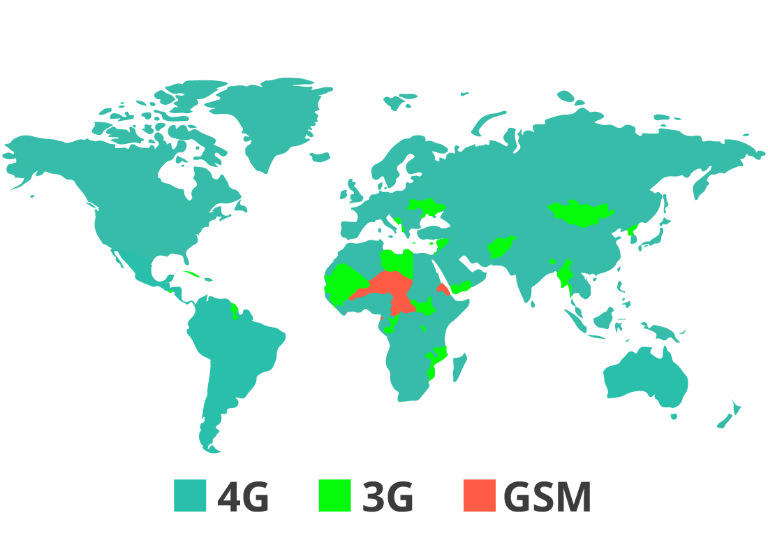 A map of the world showing where you can and cannot get mobile reception