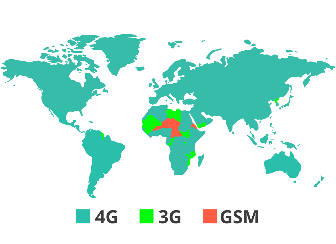 A map of the world showing where you can and cannot get mobile reception