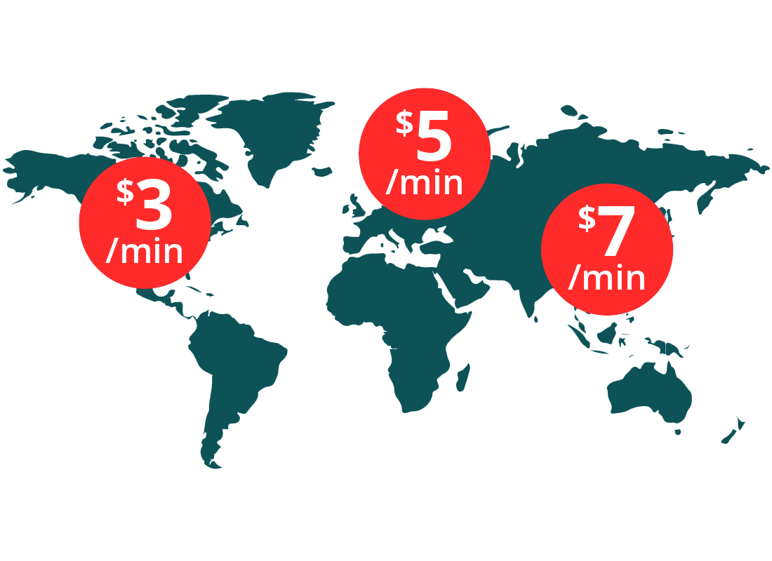 A map of the world with indications of how much per minute it costs to call home using your mobile phone