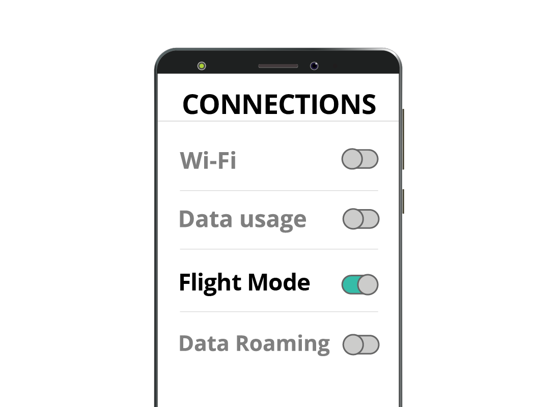A zoomed-in view of a mobile phone settings page, including the Flight Mode button that is switched on