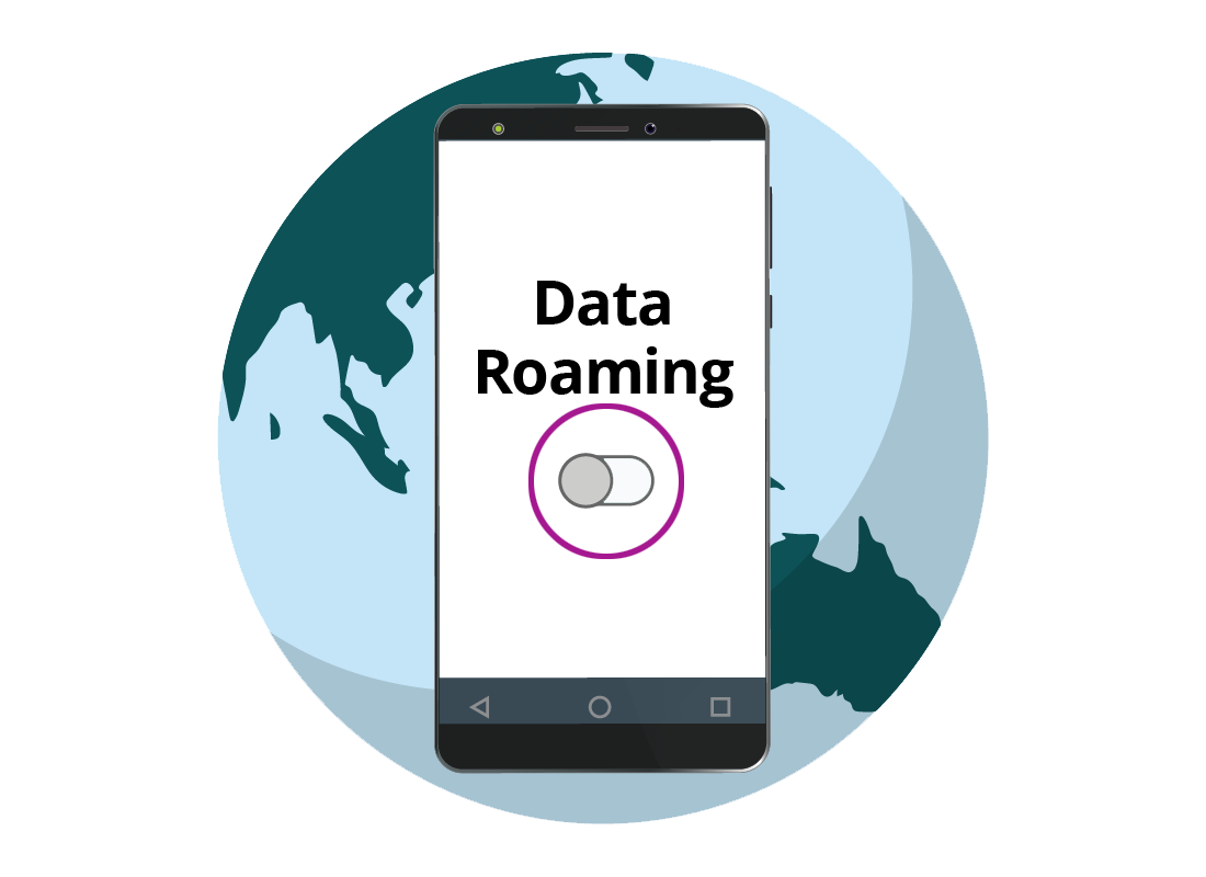 A graphic of a mobile phone indicating the Data Roaming switch should be turned off to avoid unexpected bills