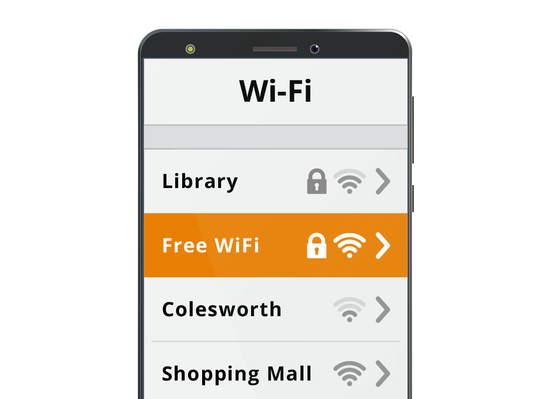 A mobile phone screen with a Free Wi-Fi network selected