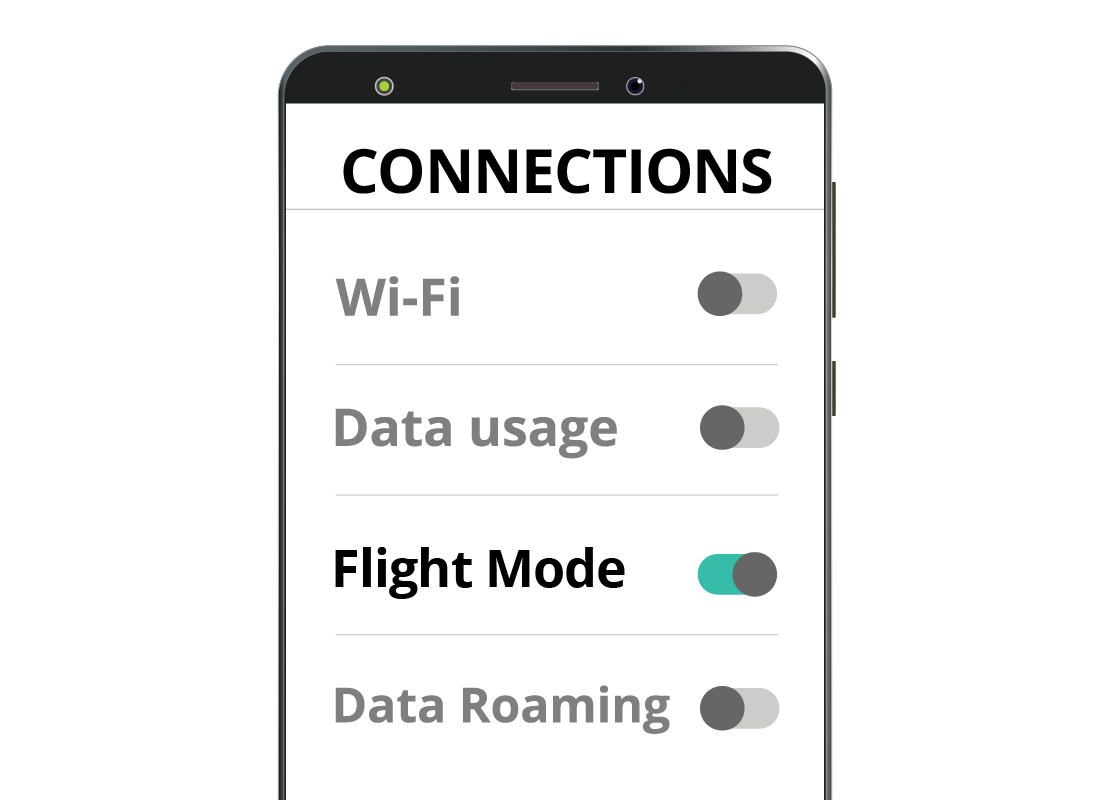 A zoomed-in view of a mobile phone settings page, including the Flight Mode button that is switched on