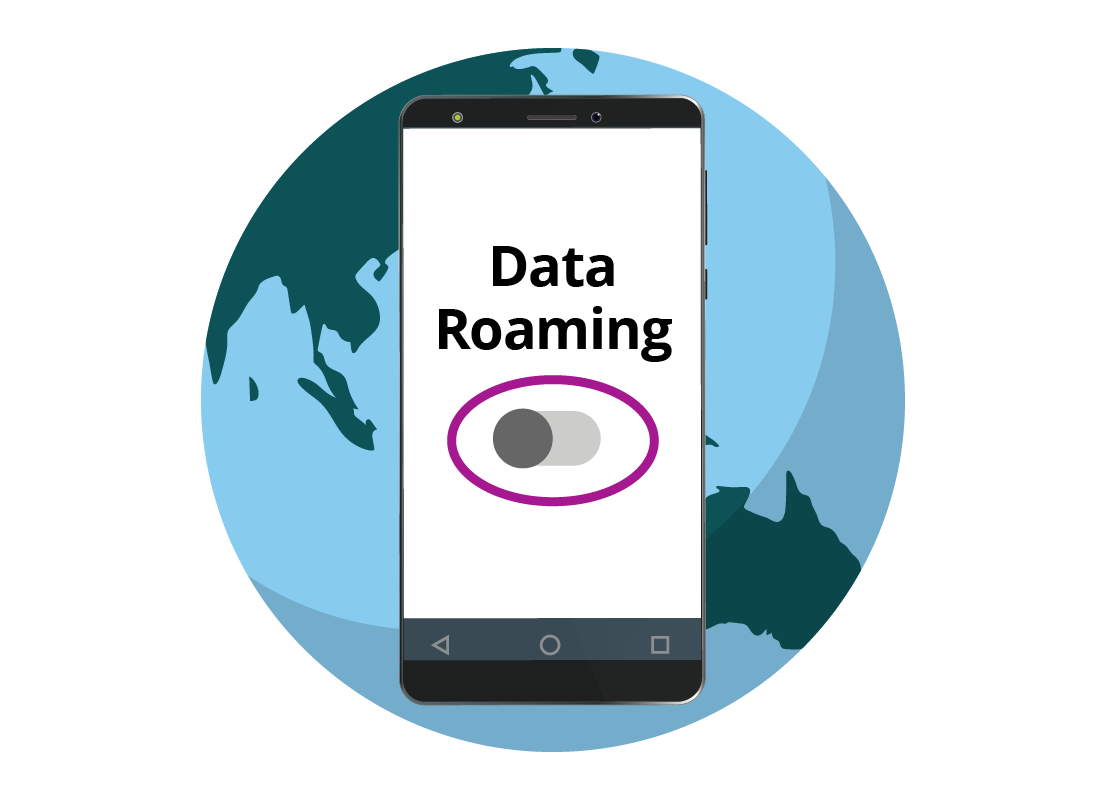 A graphic of a mobile phone indicating the Data Roaming switch should be turned off to avoid unexpected bills