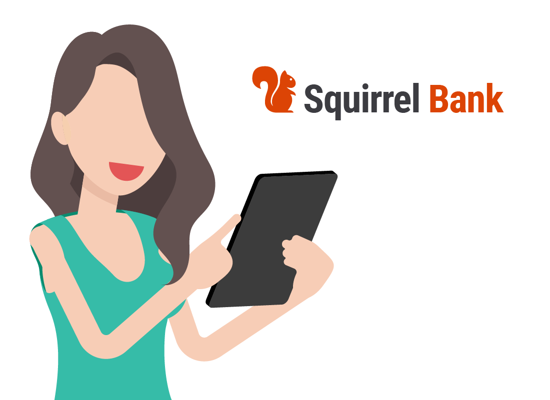 A graphic of a lady using her tablet to conduct her banking alongside the Squirrel Bank logo.