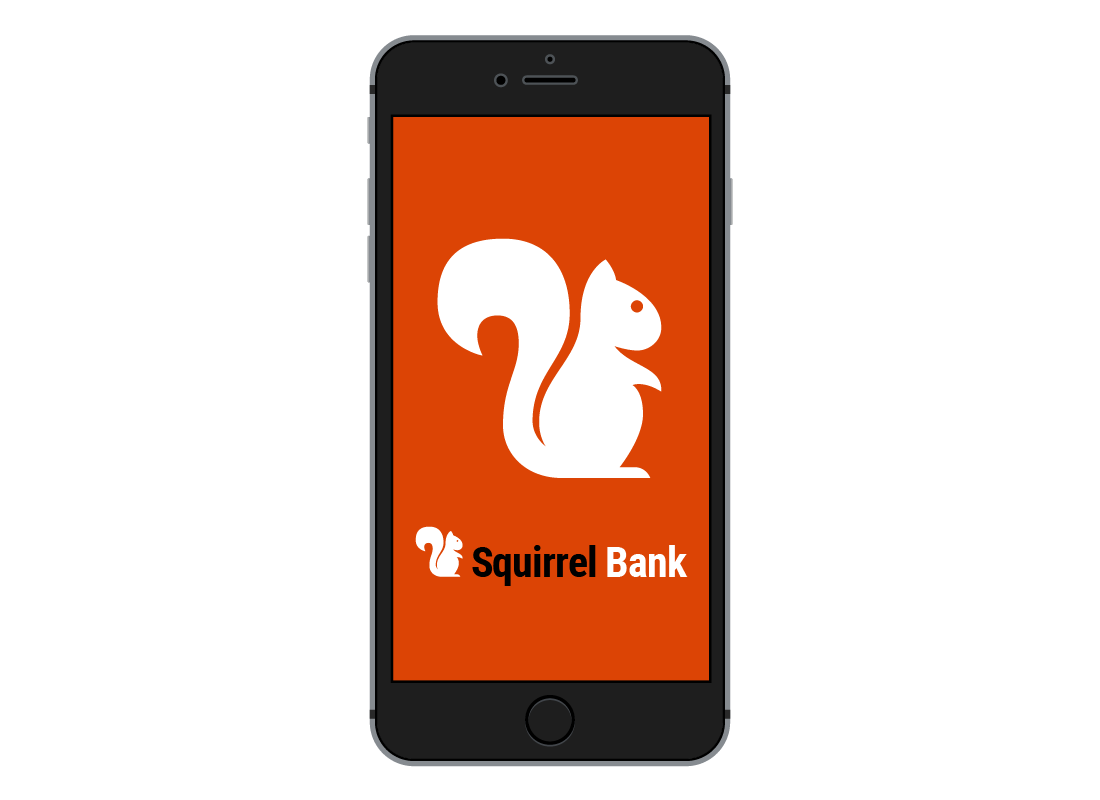 A graphic of a smartphone showing the Squirrel Bank app on its screen.