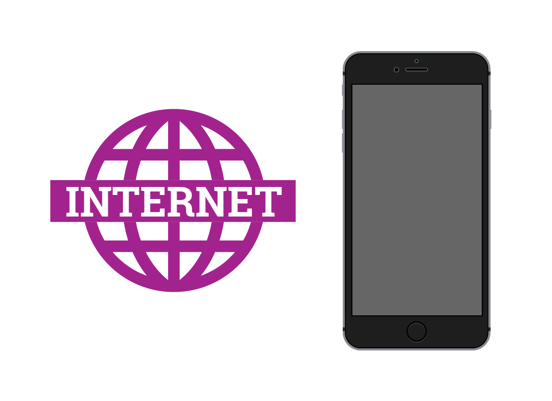 A typical smart phone and the symbol for the internet.