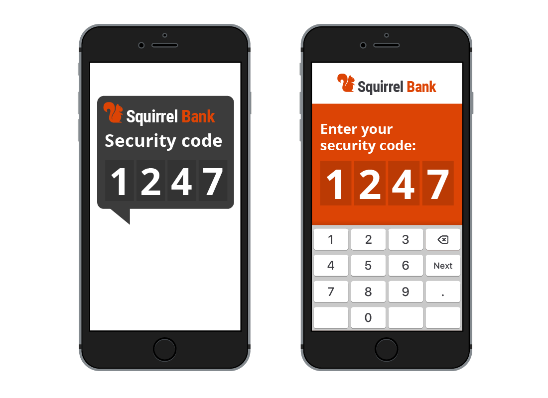 A graphic of a Squirrel Bank two factor authentication code displaying in a text message, alongside the code being entered into the mobile banking app.