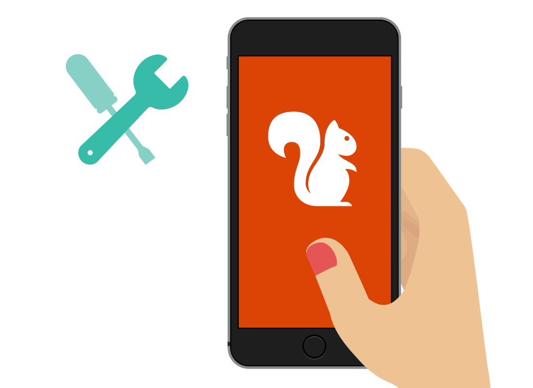 A graphic the Squirrel Bank app on a smartphone, with a spanner and screwdriver alongside.