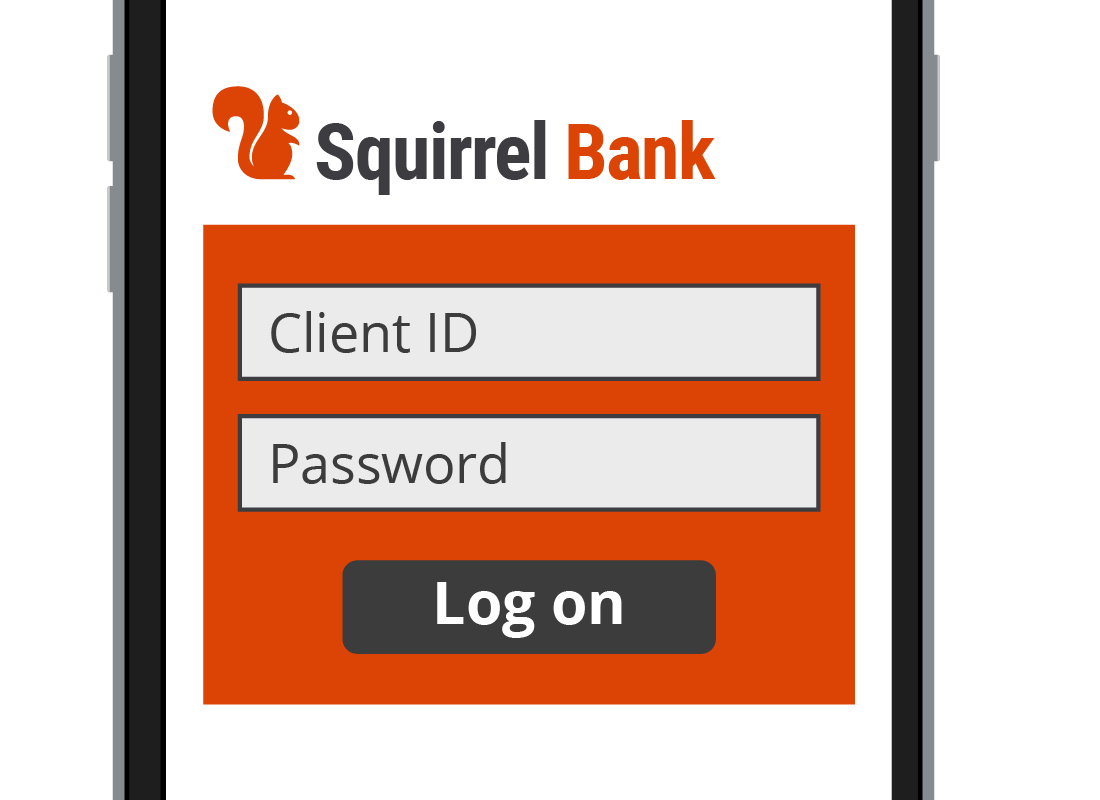 The log on form for the Squirrel Bank app, needing a Cliend ID and password to be entered, when using it for the first time.
