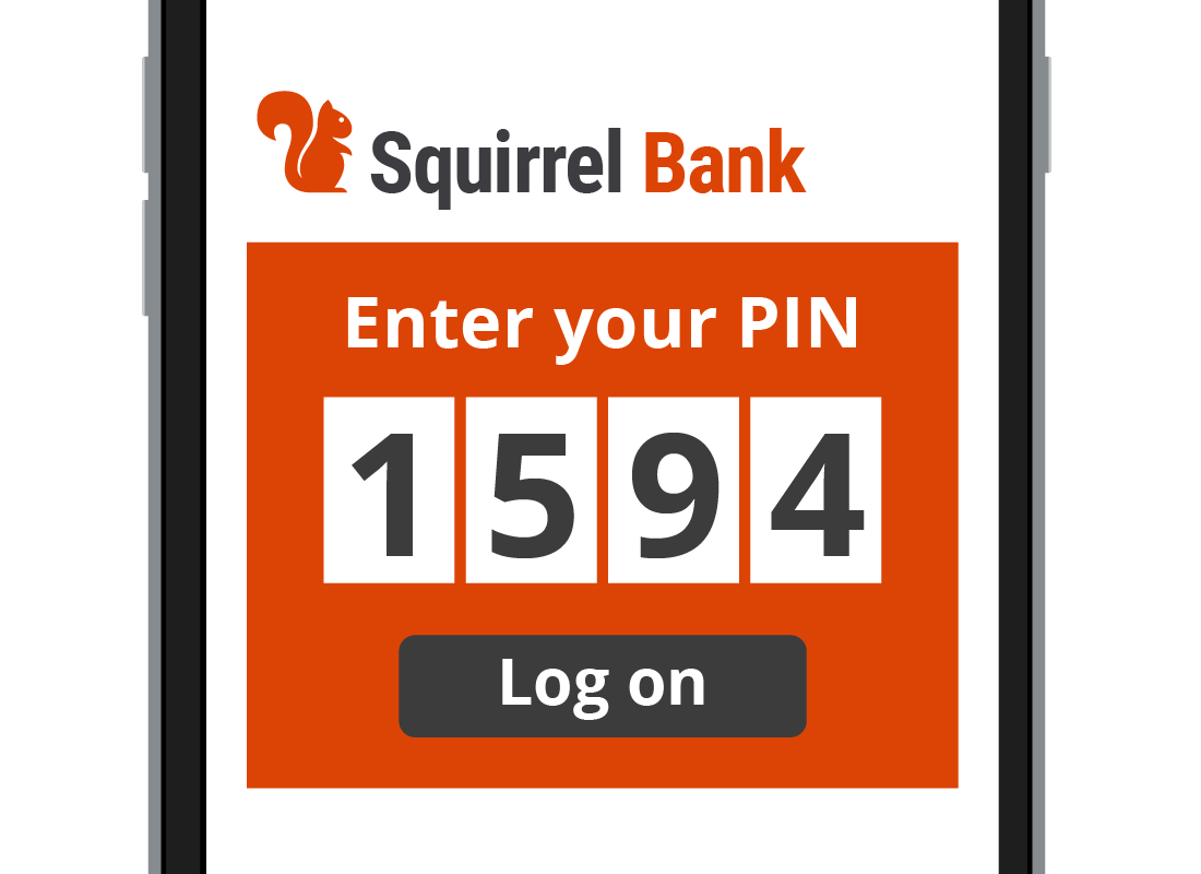 A four-digit PIN being entered into the Squirrel Bank log on screen on a smart phone.
