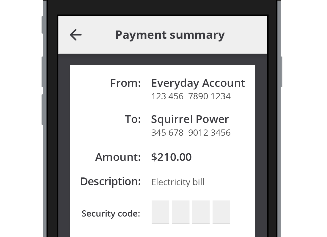 A confirmation of a payment for a power bill using the Squirrel Bank app.