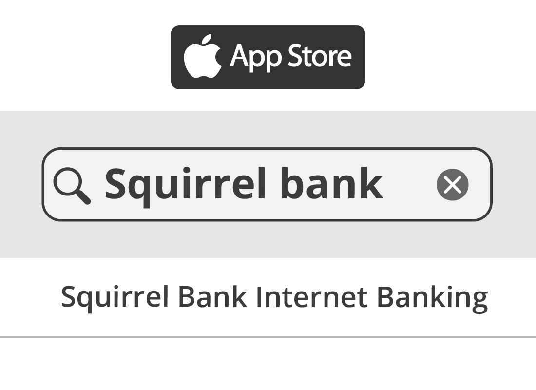 The Squirrel Bank mobile banking app icon displayed on a smartphone screen, alongside the logos for the Apple App Store and Google Play Store.