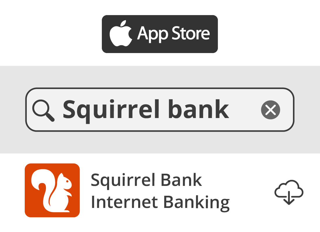 A graphic of the App Store and Squirrel Bank logos and the App Store search field and icons.