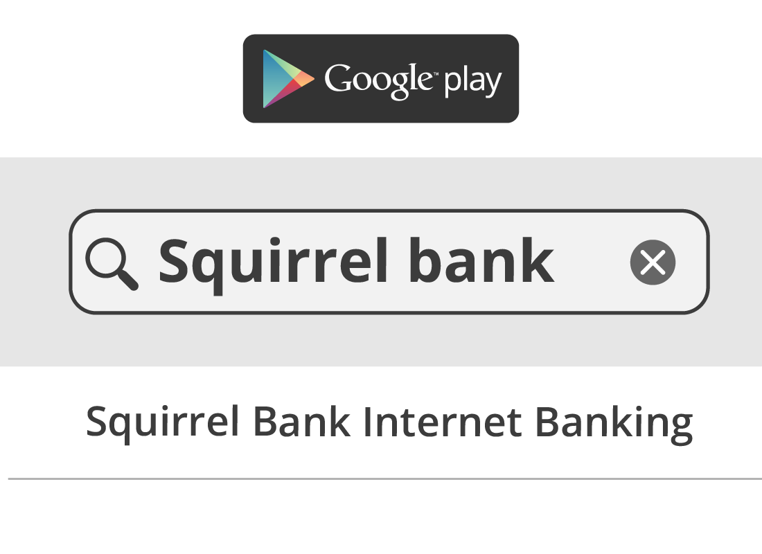 A graphic of the Play Store and Squirrel Bank logos and the Play Store search field and icons.