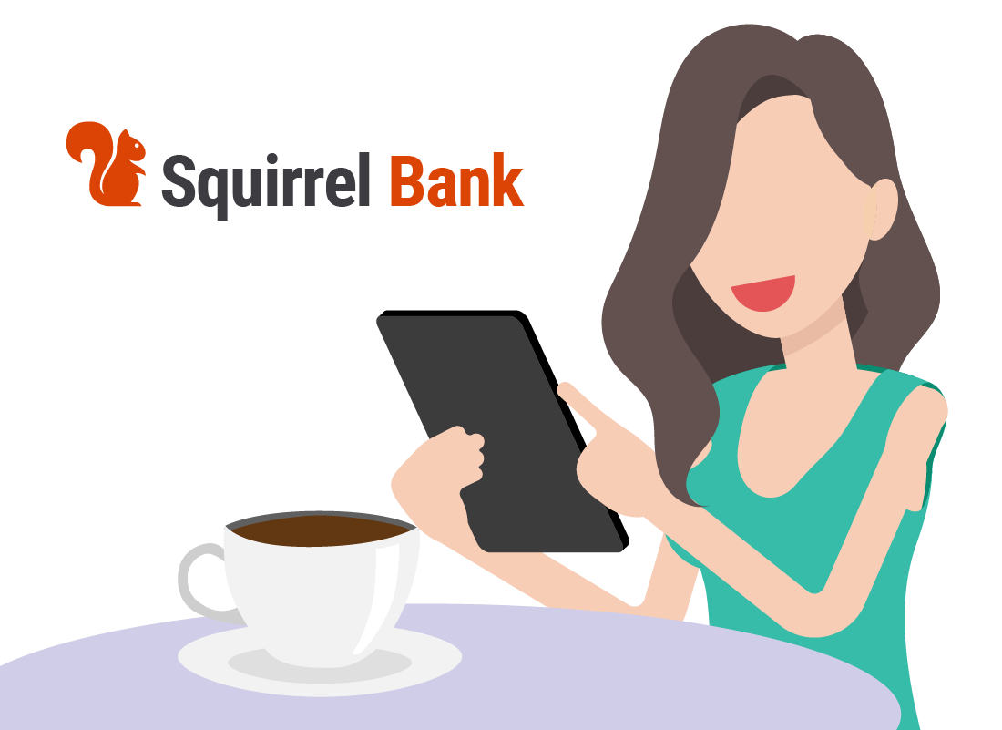 A graphic of a lady conducting her Squirrel bank mobile banking on her tablet, whilst enjoying a cup of coffee.